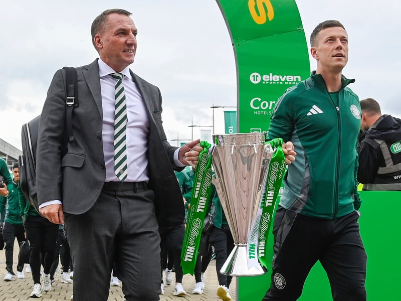 Hoops head coach Brendan Rodgers and skipper Callum McGregor parade the Scottish Premiership trophy outside of Celtic Park.