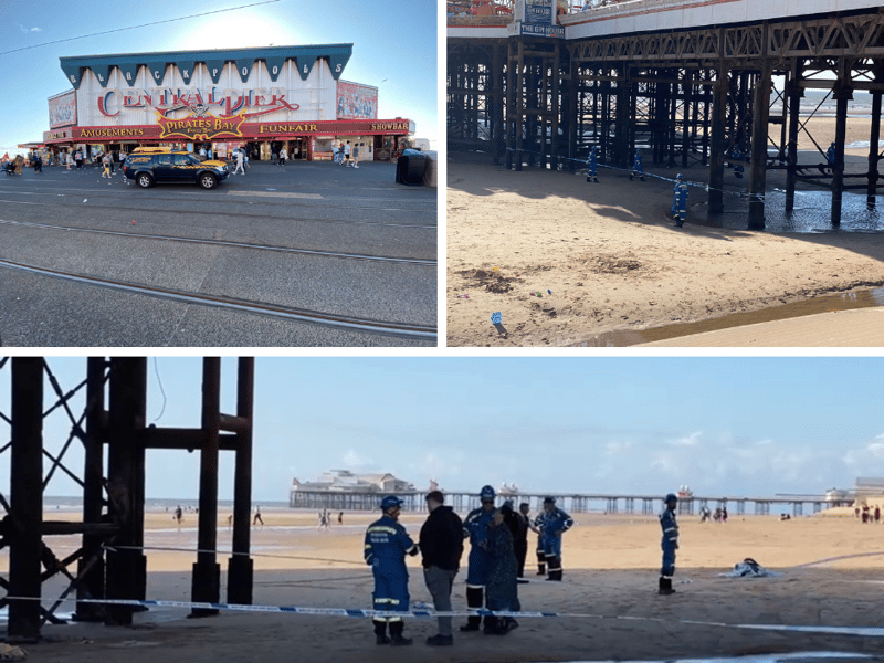 Investigators below Central Pier in Blackpool after a woman falls through boards to the beach
