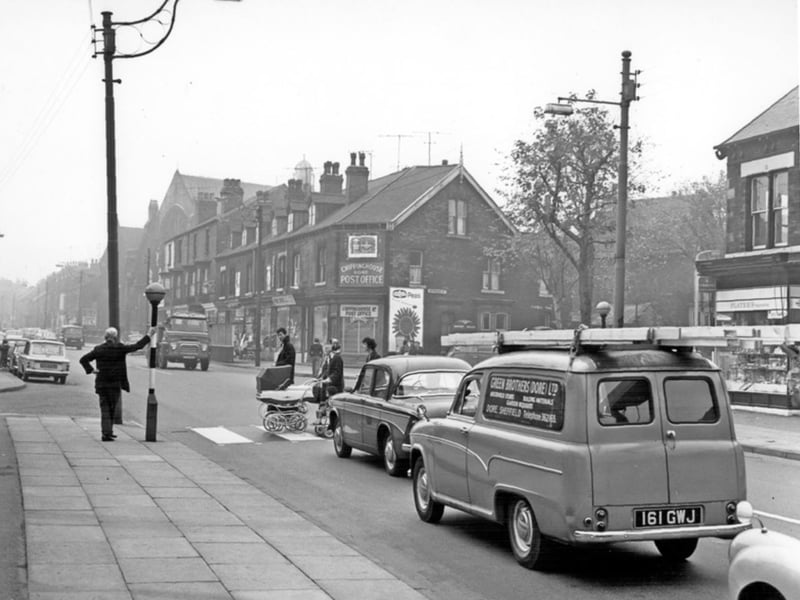 Abbeydale Road, Sheffield, in October 1965, with Chippinghouse Road and the Post Office on the right