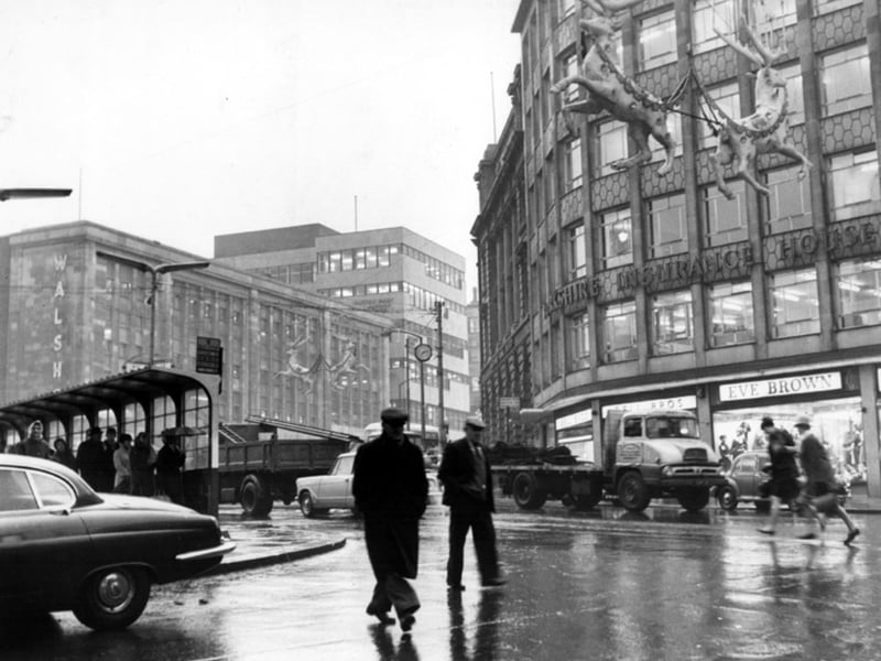 Market Place and High Street, Sheffield, decorated for Christmas in November 1965, with the John Walsh department store in the background