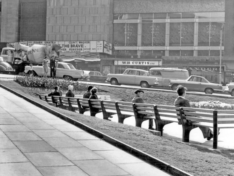 Angel Street, Sheffield city centre, in May 1965, showing the newly constructed garden, with the ABC Cinema (later Cannon Cinema) in the background