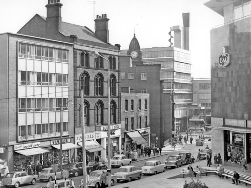 Castle Street, Sheffield, in August 1964, looking towards Castle Market, with Brightside and Carbrook (Sheffield) Co-operative Society, Castle House, on the right, Shops on the left include Kennings Ltd motor car accessories, and H. Turner and Son Ltd newsagents