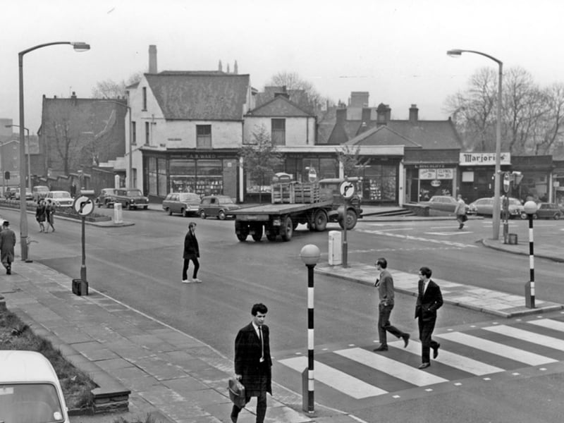 Brook Hill, Sheffield, at the junction with Leavygreave/Hounsfield Road, in 1967, showing Alan B. Ward's book shop, L. Hinchliffe hairdresser, and Marjorie's cafe
