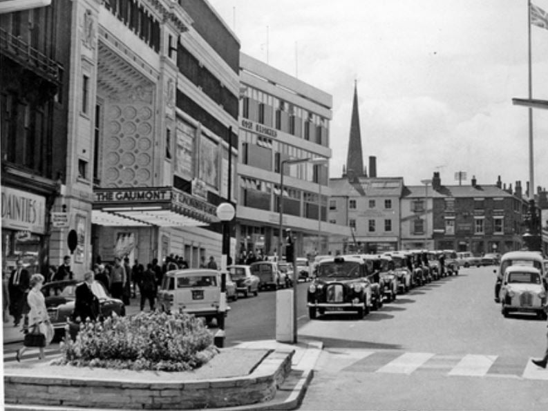 Barker's Pool, Sheffield city centre, in August 1964, with Gaumont Cinema (previously The Gaumont) and Cole Brothers on the left