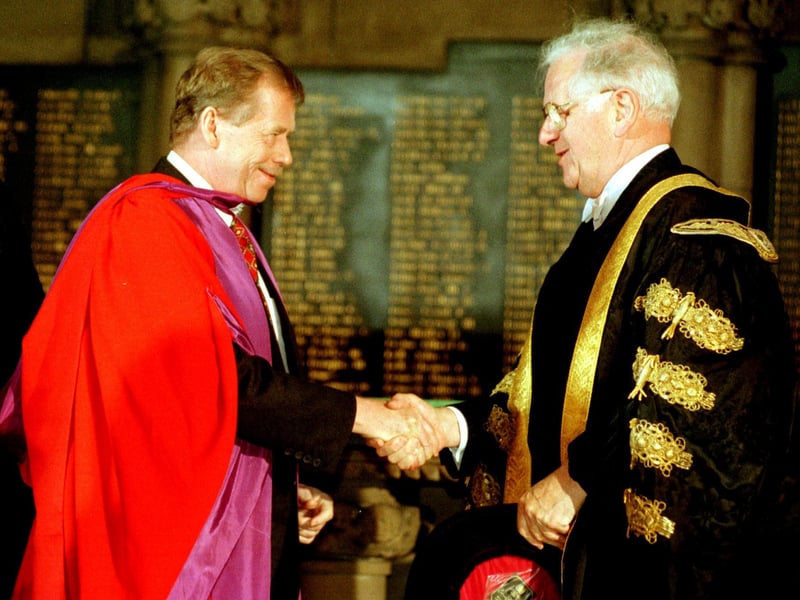 Czech Republic's President Vaclav Havel is congratulated by the Glasgow University's Chancellor Sir William Kerr Fraser during a ceremony in which Havel received a honorary degree.