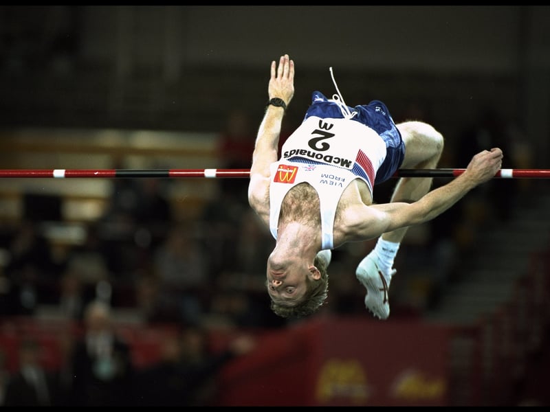 Steve Smith of Great Britain in action in the high jump event at the McDonalds international games in Glasgow
