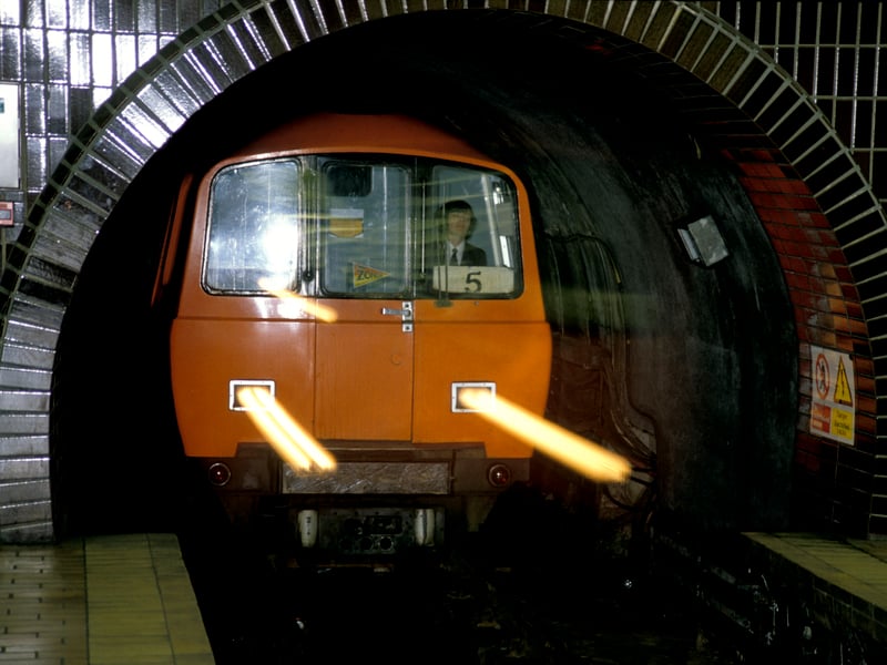 Glasgow underground train heading into the station in 1992.
