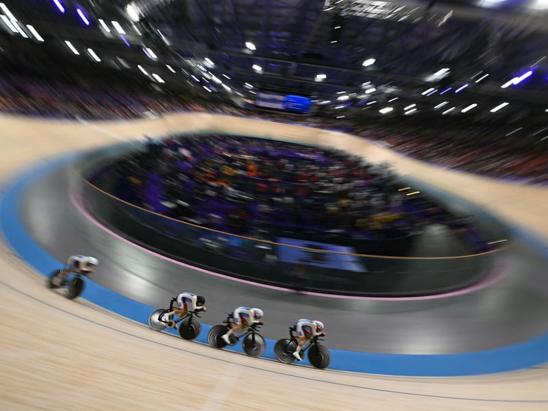 France's Thomas Boudat, France's Benjamin Thomas, France's Thomas Denis and France's Valentin Tabellion compete in the men's track cycling team pursuit first round