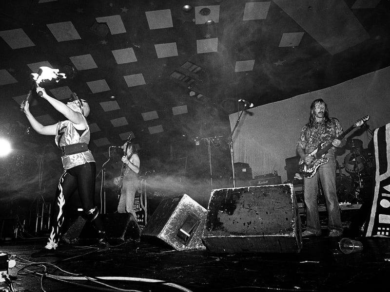 Hawkwind perform on stage at the Barrowland Ballroom in 1990. 
