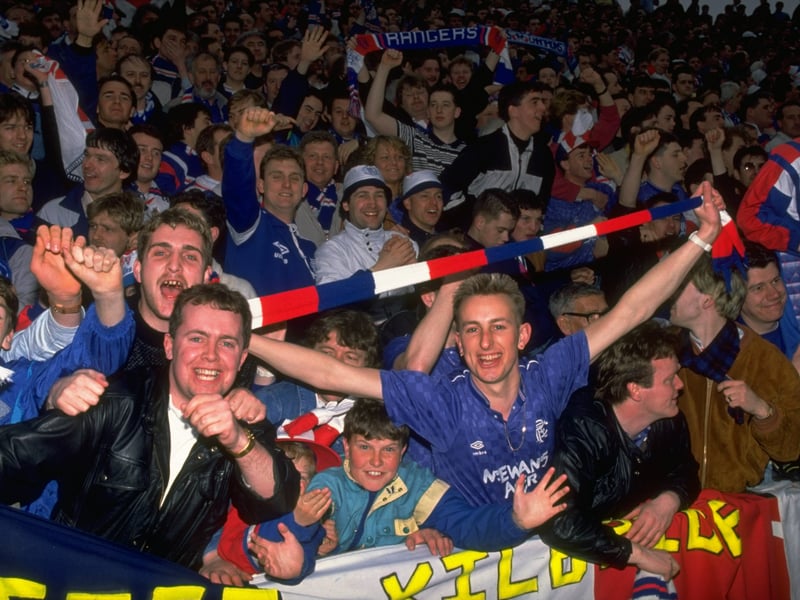 General view of the Rangers supporters during the Scottish Premier Division match against Dundee United at Ibrox Park in April 1990