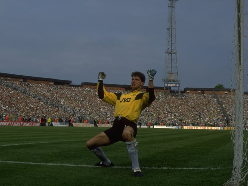 Aberdeen goalkeeper Theo Snelders celebrates saving a penalty shot from Anton Rogan during the Scottish Cup Final at Hampden Park. The match ended in a 0-0 draw but Aberdeen won 9-8 on penalties