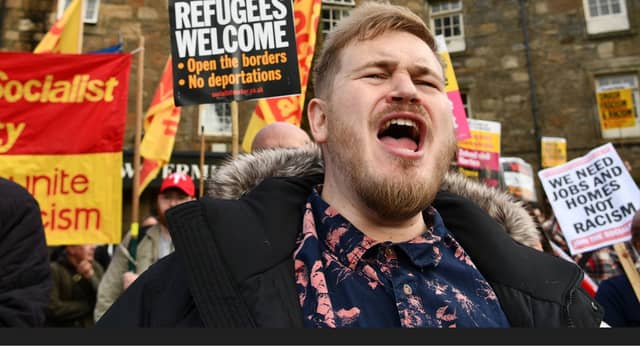 A protester makes his voice heard at the Stand Up to Racism rally in Paisley
