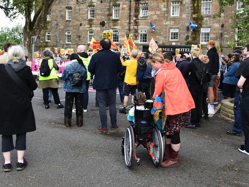 Crowds gather in Paisley as an estimated 200 people attend a counter protest in opposition to UK riots that have occurred in the wake of the Southport stabbing attack