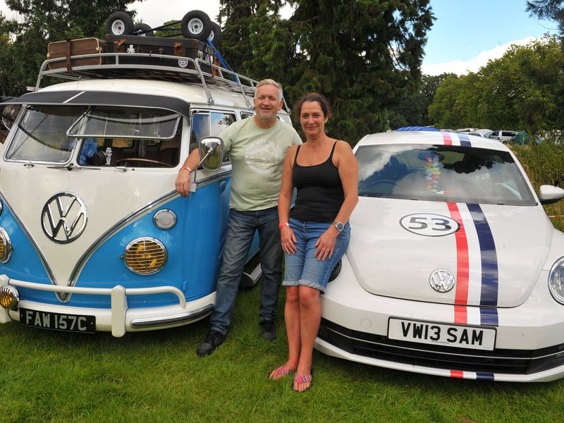 Mark McGrath and Sam Rothera of Oakwood, Leeds with the camper van and last generation Beetle at the camp site ready to put the vehicles on display. (pic by Steve Riding / National World)