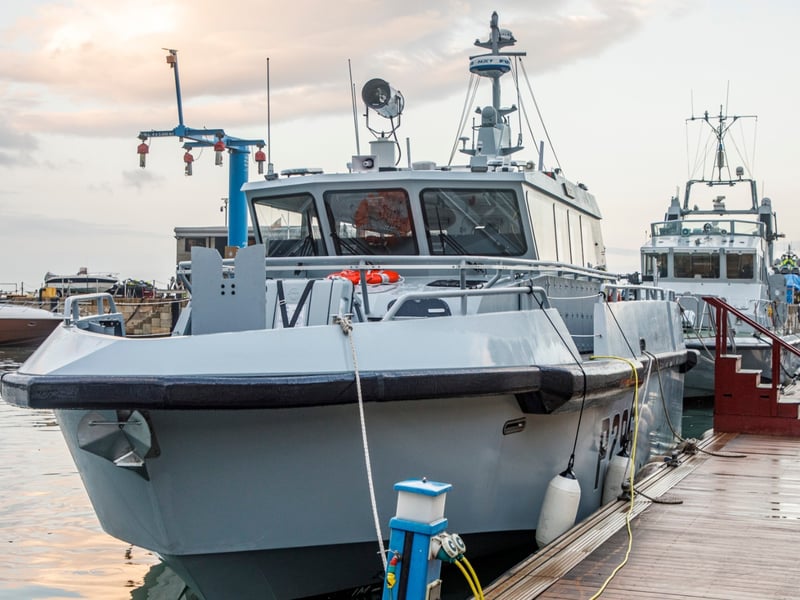 Cutlass-class patrol boats based in Gibraltar have a displacement of 35 tonnes. They are tasked with patrolling British territorial waters.