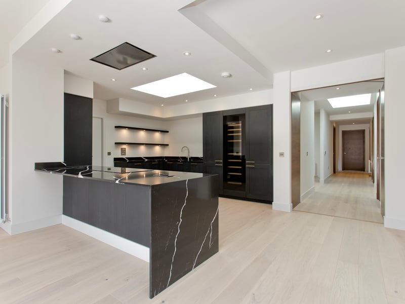 Looking at the kitchen from another angle and the large skylight can be seen as well as its open plan shelving and built in appliances.