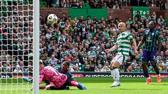 Daizen Maeda opens the scoring for Celtic in the 3-1 win over Hibs in the Premier Sports Cup.
