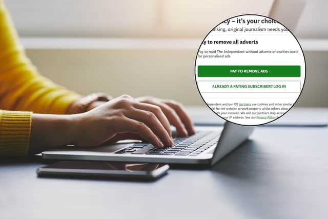 A new pop-up message has been appearing on leading UK websites urging people to accept cookies or pay a monthly fee to reject them (Photo by Adobe Stock/Screenshot)
