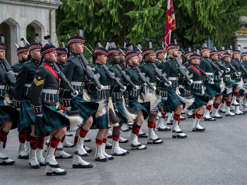 Members of The Balaklava Company, 5th Battalion, The Royal Regiment of Scotland, before their inspection by King Charles III