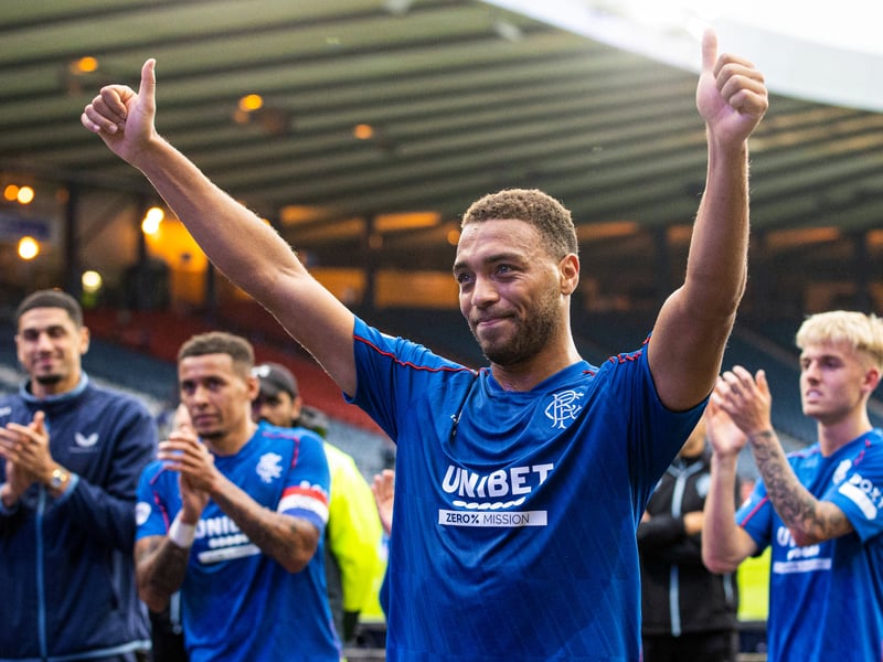 Rangers' Cyriel Dessers celebrates at full time.