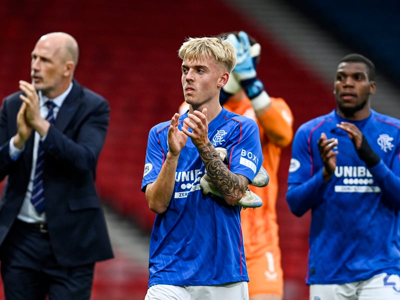 Philippe Clement, Ross McCausland, Jack Butland (hidden) and Dujon Sterling go to say thank you to the Gers supporters.