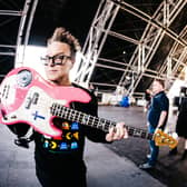 Mark Hoppus of Blink-182 poses backstage at the Sahara Tent during the 2023 Coachella Valley Music and Arts Festival  on April 14, 2023 in Indio, California.