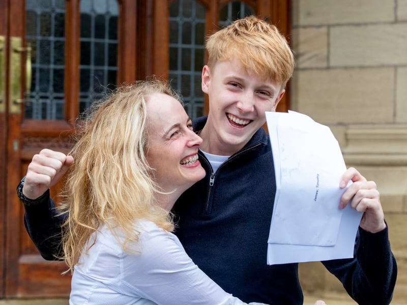 Tim James from Guiseley, who had to have spinal surgery after breaking his neck in a mountain biking accident, and his mum Juliet, both delighted with his GCSE results at Bradford Grammar School.