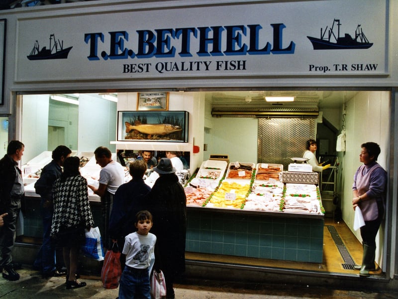 'T.E. Bethell' fish stall in Kirkgate Market. Fish and Fish Produce is displayed on trays on the stall counter. Pictured in October 1999.