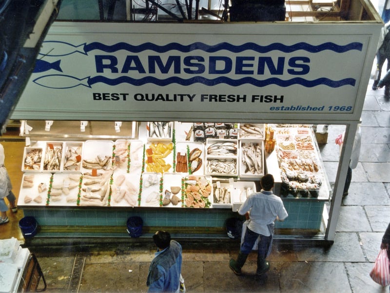 Ramsdens fresh fish stall in Kirkgate indoor market, fish is displayed on trays on stall. Pictured in October 1999.