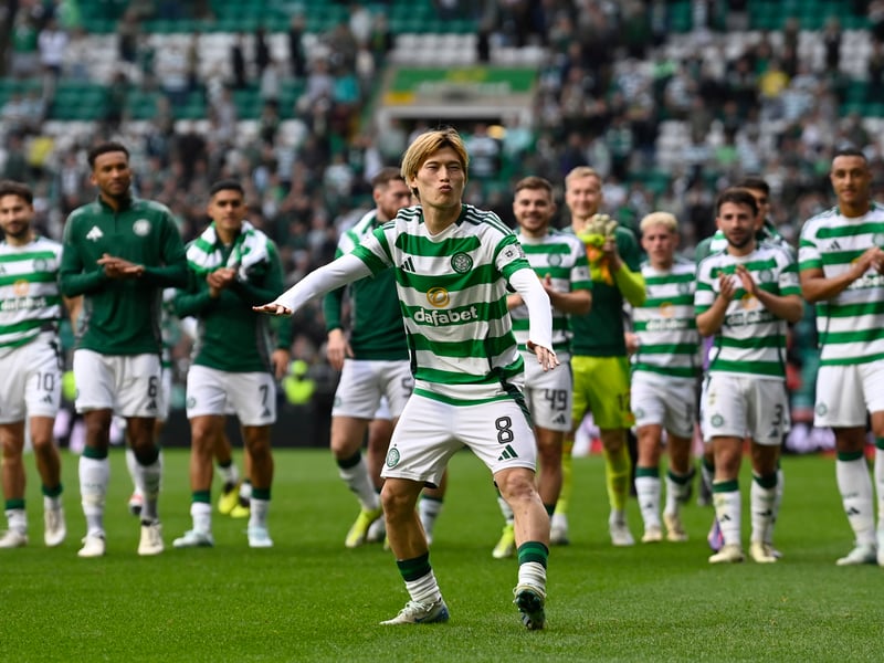 Kyogo Furuhashi conducts the fans at full-time.