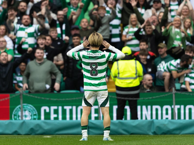 Kyogo Furuhashi asks for more noise after scoring his eighth goal against Rangers.