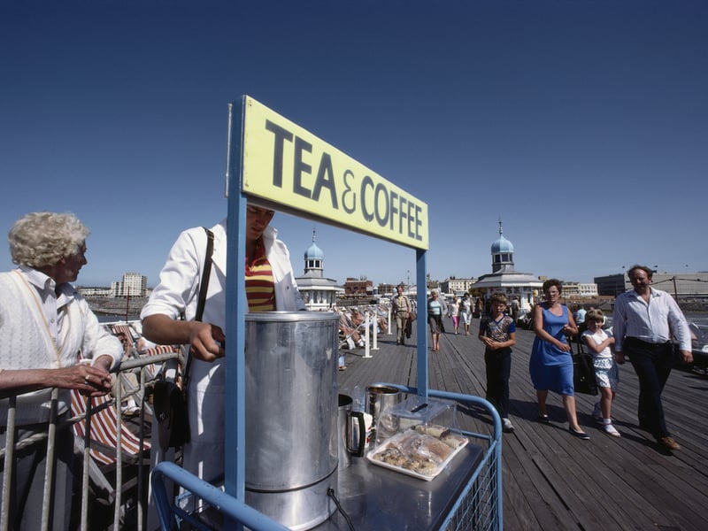 Tea and coffee on sale tempts holidaymakers on the pier in the seaside resort of Blackpool, Lancashire, August 1983