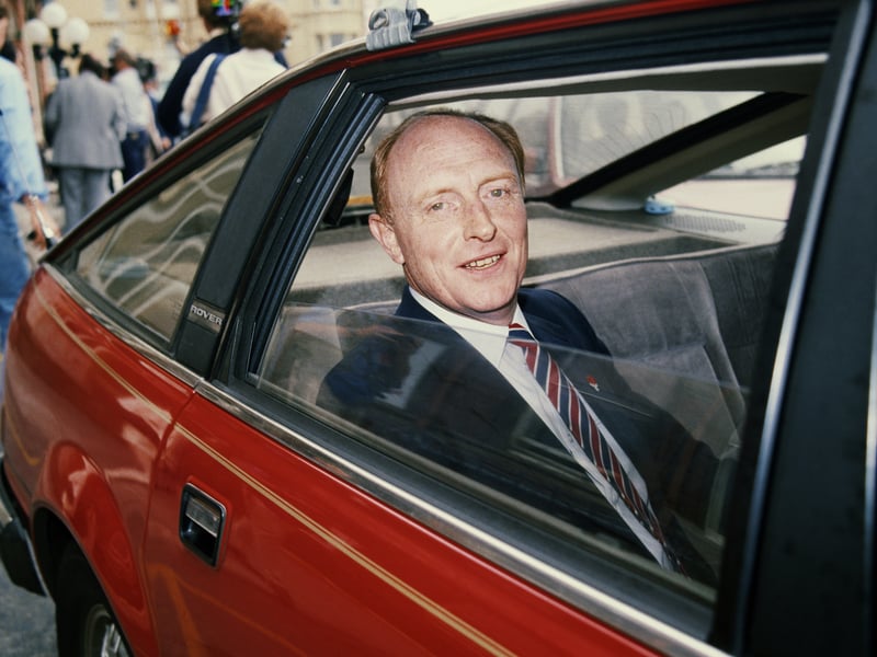 Labour Party leader Neil Kinnock in the back seat of a car during the Labour Party Conference in Blackpool, 30th September 1986