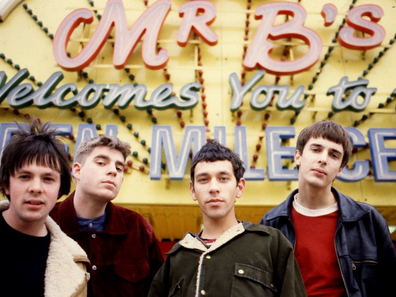 Britpop band Shed Seven, group portrait, Blackpool, United Kingdom, February 1994. L-R: Alan Leach, Paul Banks, Rick Witter, Thomas Gladwin