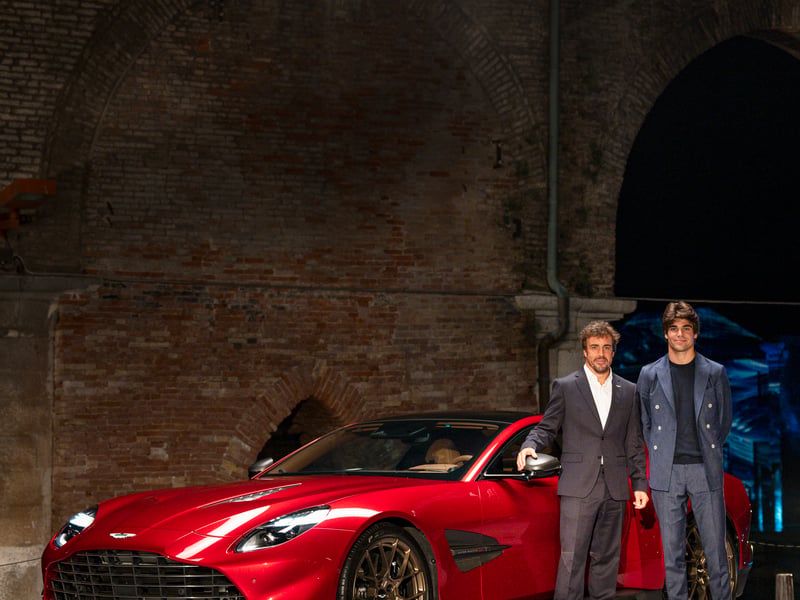 F1 stars Fernando Alonso and Lance Stroll with the Aston MArtin V12 Vanquish in Venice.