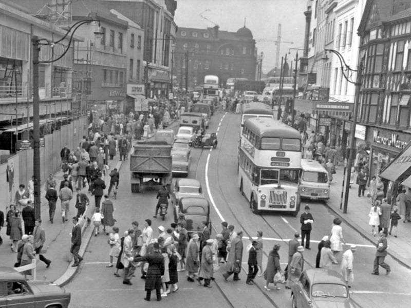 Haymarket, Sheffield city centre, in July 1961, with Arthur Davy's Mikado Cafe on the right
