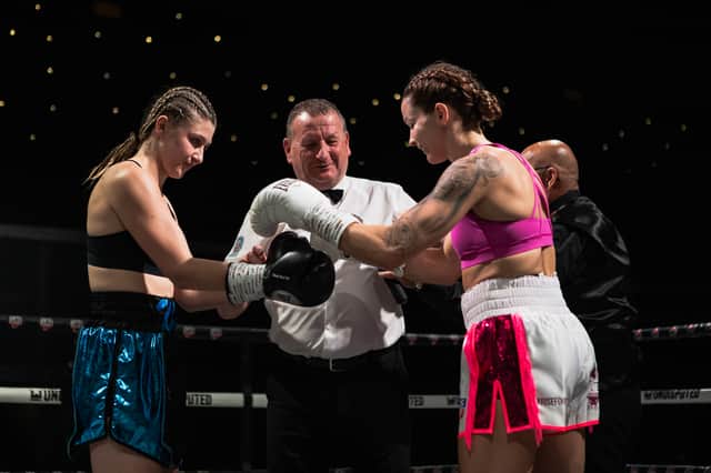 Terri Harper in an exhibition fight versus Claire Watts at the Magna Centre. Pic: Richard Bierton (rbiphotography)