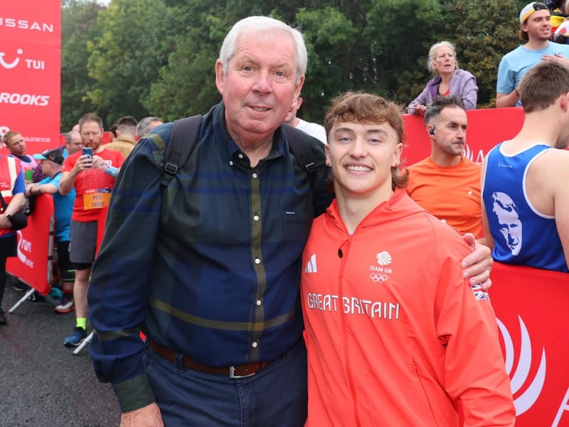 Olympic medallist Kieran Reilly with Sir Brendan Foster as he prepared to start the 2024 AJ Bell Great North Run.