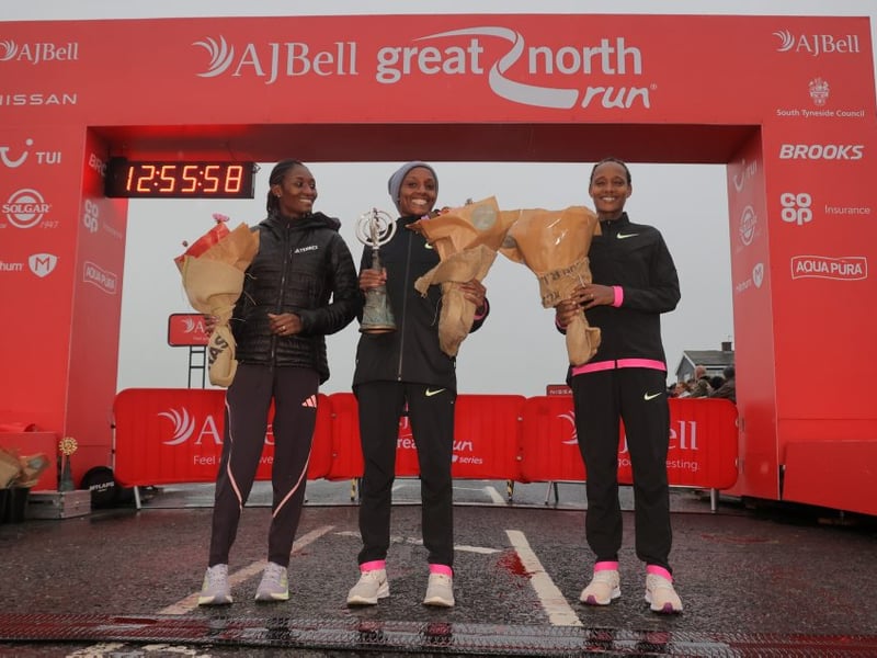 Mary Ngugi-Cooper wons the 2024 AJ Bell Great North Run Elite Women's Race, with Senebere Teferi (left) in second and Alemu Megertu (right) in third.