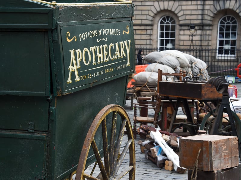 The apothecary cart sitting in West Parliament Square in Edinburgh on the set of Frankenstein