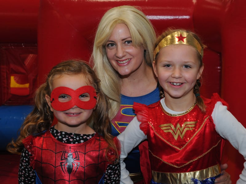 Super Woman with Flerence Wyatt, seven, and sister Becsy, four, of Horsforth