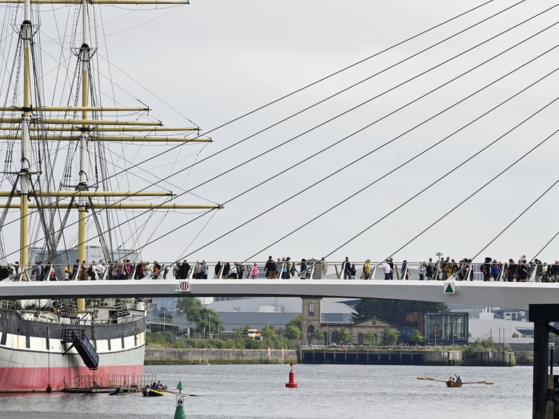 The new bridge with the Tall Ship Glenlee in the background - permanently moored next to Glasgow's Riverside Museum.