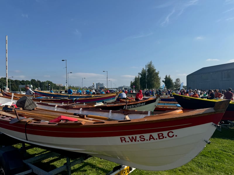 Boats at the Riverside Museum after the 'Castle to Crane' rowing race - from historic Dumbarton Castle to the iconic Finnieston Crane.