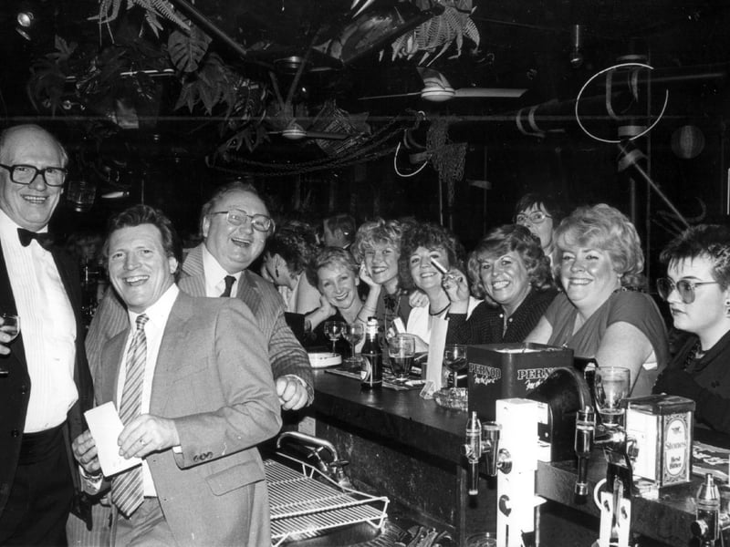 Coronation Street stars in Trader Jacks at the Imperial Hotel. Mike Baldwin (actor Johnny Briggs) later had a club of his own in the soap - The Graffiti Club. Also with Imperial manager John Herdman (left) is actor Fred Feast who played Rover's barman Fred Gee.