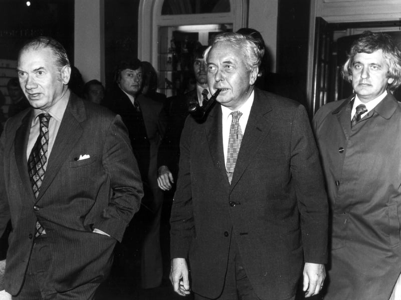 Long before the days of iron-wall security Prime Minister Harold Wilson arrives at the Imperial Hotel, complete with famous pipe, for the 1975 Labour Party Conference