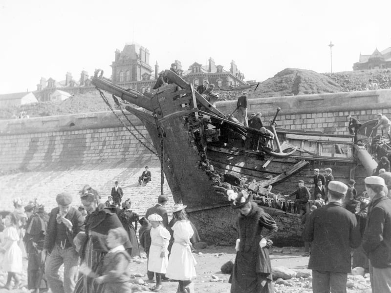Always a back drop - The Foudroyant ran aground north of North Pier, Blackpool on 16th June 1897. The Aurora, seen here against the sea wall in front of the Imperial Hotel, ran aground whilst attempting to salvage the Foudroyant
