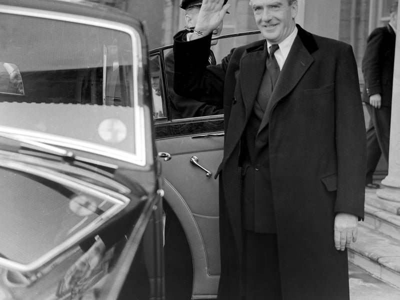 Anthony Eden leaves The Imperial Hotel for Blackpool Winter Gardens during the Conservative Party Conference in 1954