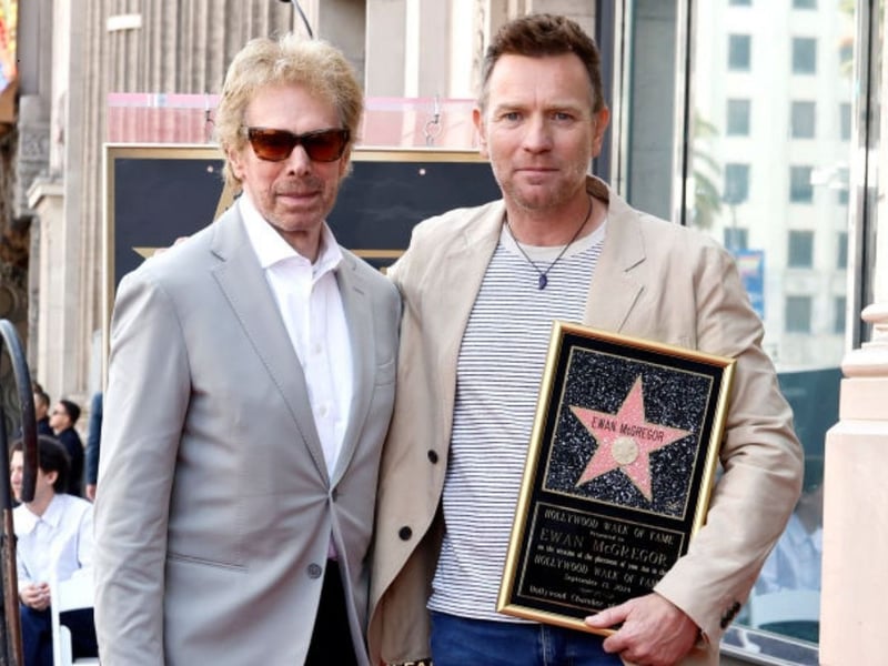 Film producer Jerry Bruckheimer joins Ewan McGregor on the Hollywood Walk of Fame. He produced 'Black Hawk Down' in which McGregor starred.
