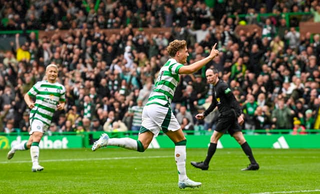 Arne Engels celebrates his opener at Celtic Park.