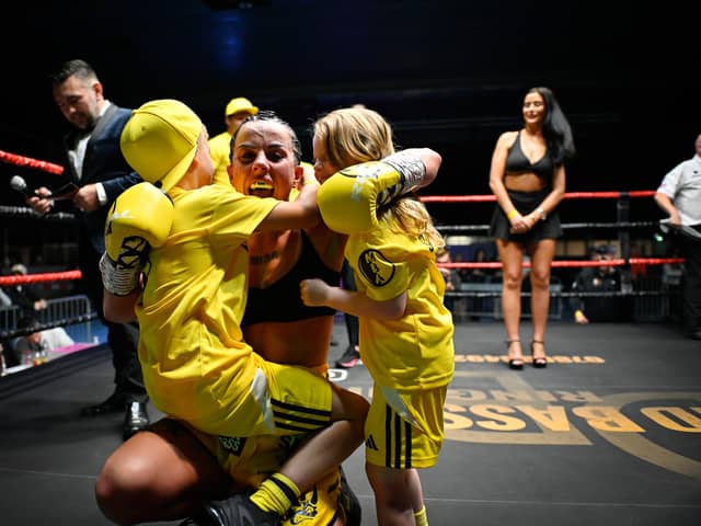 A victorious Stevi Levy. In Saturday's scheduled eight-rounder against Amy Greatorex, the 31-year-old Manor-trained super bantamweight caught her Chesterfield opponent so cleanly and frequently that referee Andy Brook halted the contest in round seven. Photo by Connor McMain.